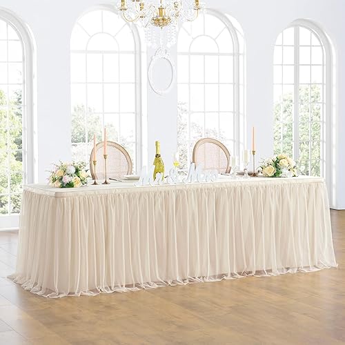 Miniatura 9 de Faldas de mesa de tul blanco de 167 pulgadas para mesas rectangulares de 6 pies y 8 pies, tul tutú de 2 capas con volantes dorados Grim, falda