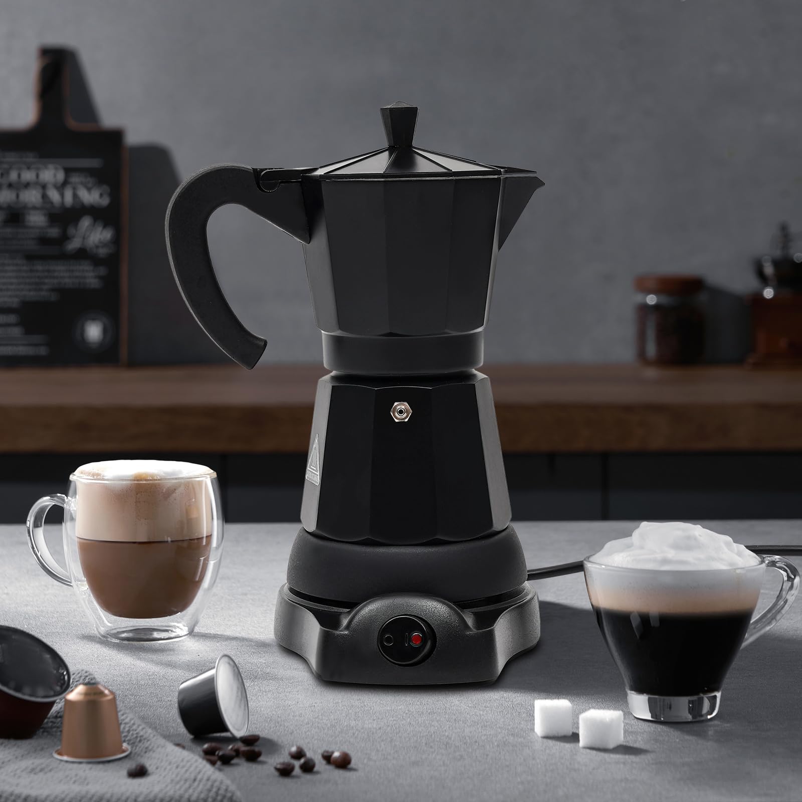 Caffettiera Elettrica Moka Brocca 300ml Caffettiera Espresso con Base per Cappuccino Latte e Caffè Americano per Casa Ufficio e Caffè Nero