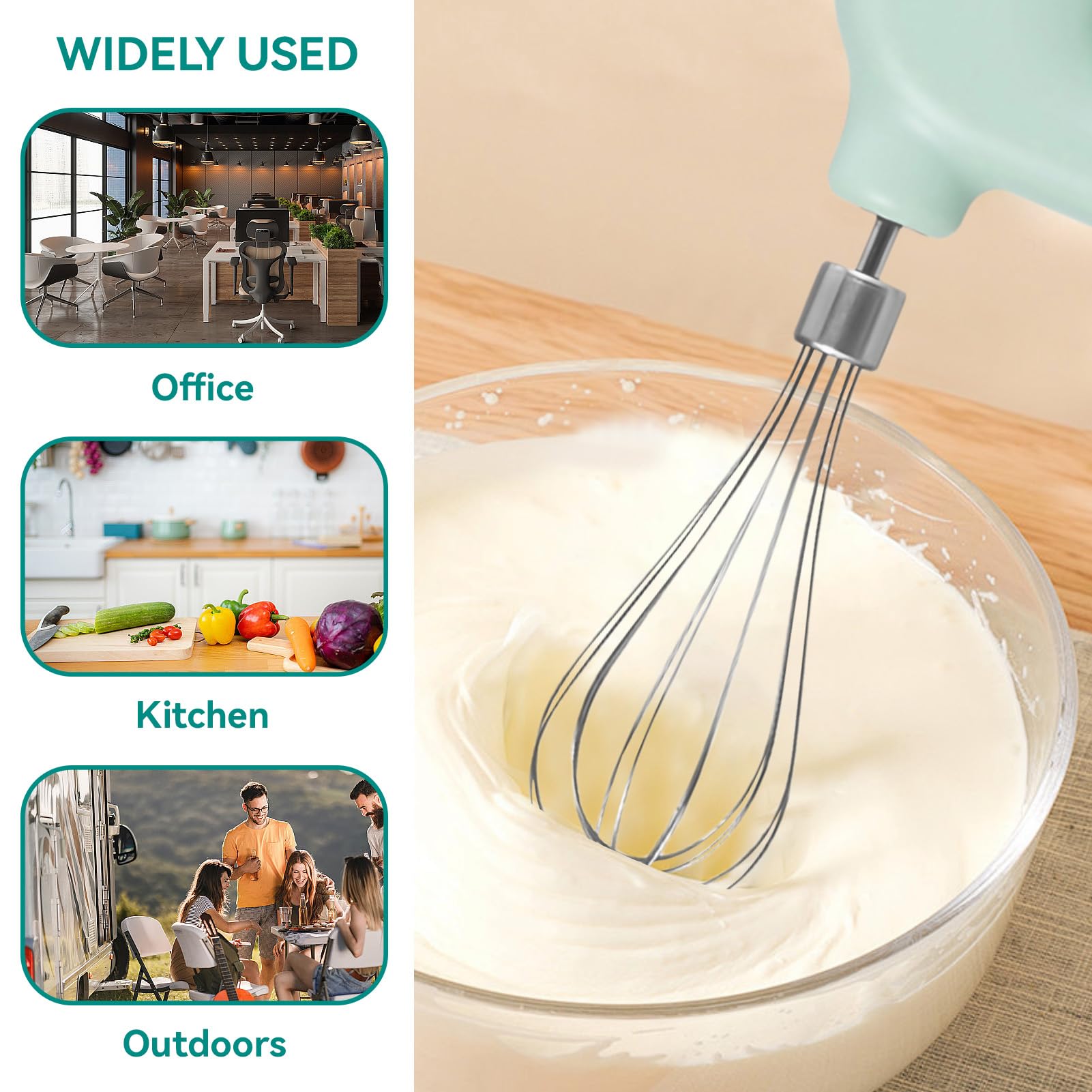 Frullatore manuale ricaricabile senza fili, mini 4 velocità, regolabile, USB, ricaricabile, per whisk a mano, portatile, 1500 mAh, con 2 martelli per uova (verde)