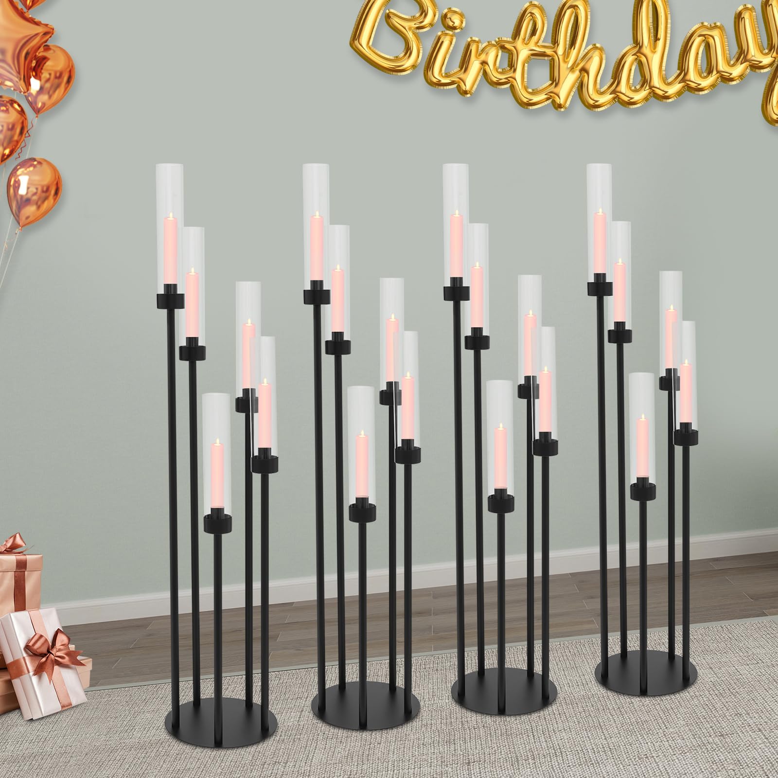 4er-Set Kerzenständer, 5 Armig Boden-Kerzenhalter, Metall Kerzenhalter mit Acryl Lampenschirm, 100cm Hohe LED-Kerzenständer für Heimdekoration, Hochzei, Partys (Schwarz)