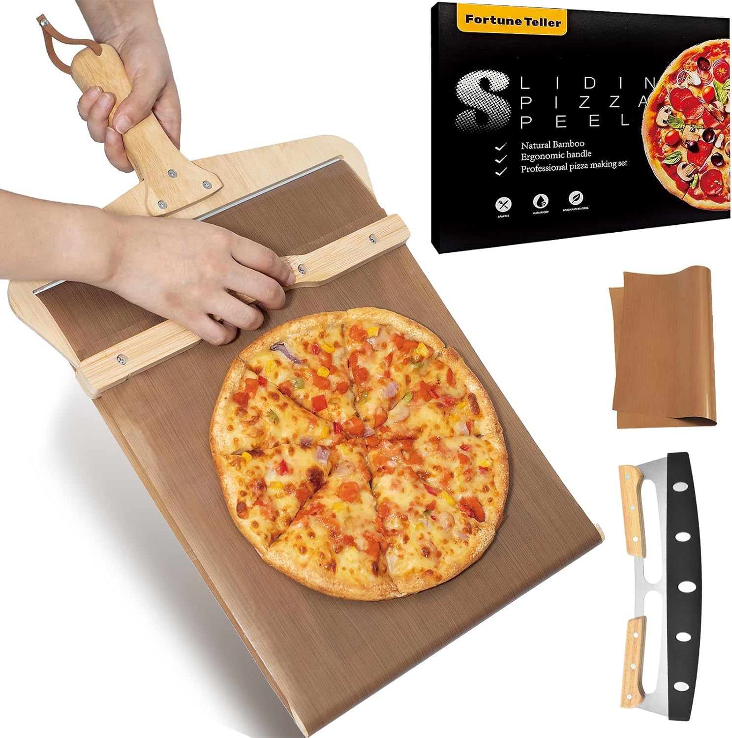Pala deslizante para pizza, 30 cm, antiadherente, con cortador de pizza, resistente al calor a 300 °C, mango de bambú de 55 cm, herramienta de transferencia de pizza extraíble para interior y exterior