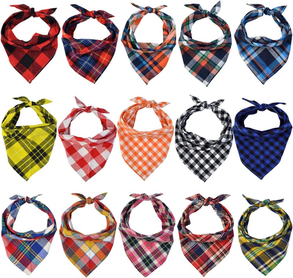 Lee-buty 15pcs Dog Bandanas, Dog Scarf Kerchief Dog Bibs Washable Girl Boy Dog Bandanas Set Cotton Checkered Pet Dog Bandanas Outdoor Dog Fall Bandanas Accessories for Small Medium Large Dogs Cat Pet