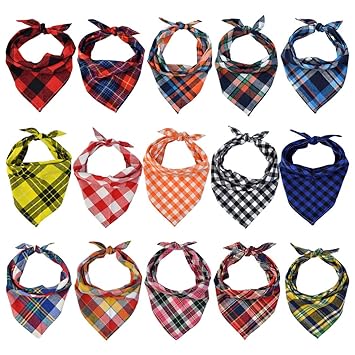 Lee-buty 15pcs Dog Bandanas, Dog Scarf Kerchief Dog Bibs Washable Girl Boy Dog Bandanas Set Cotton Checkered Pet Dog Bandanas Outdoor Dog Fall Bandanas Accessories for Small Medium Large Dogs Cat Pet