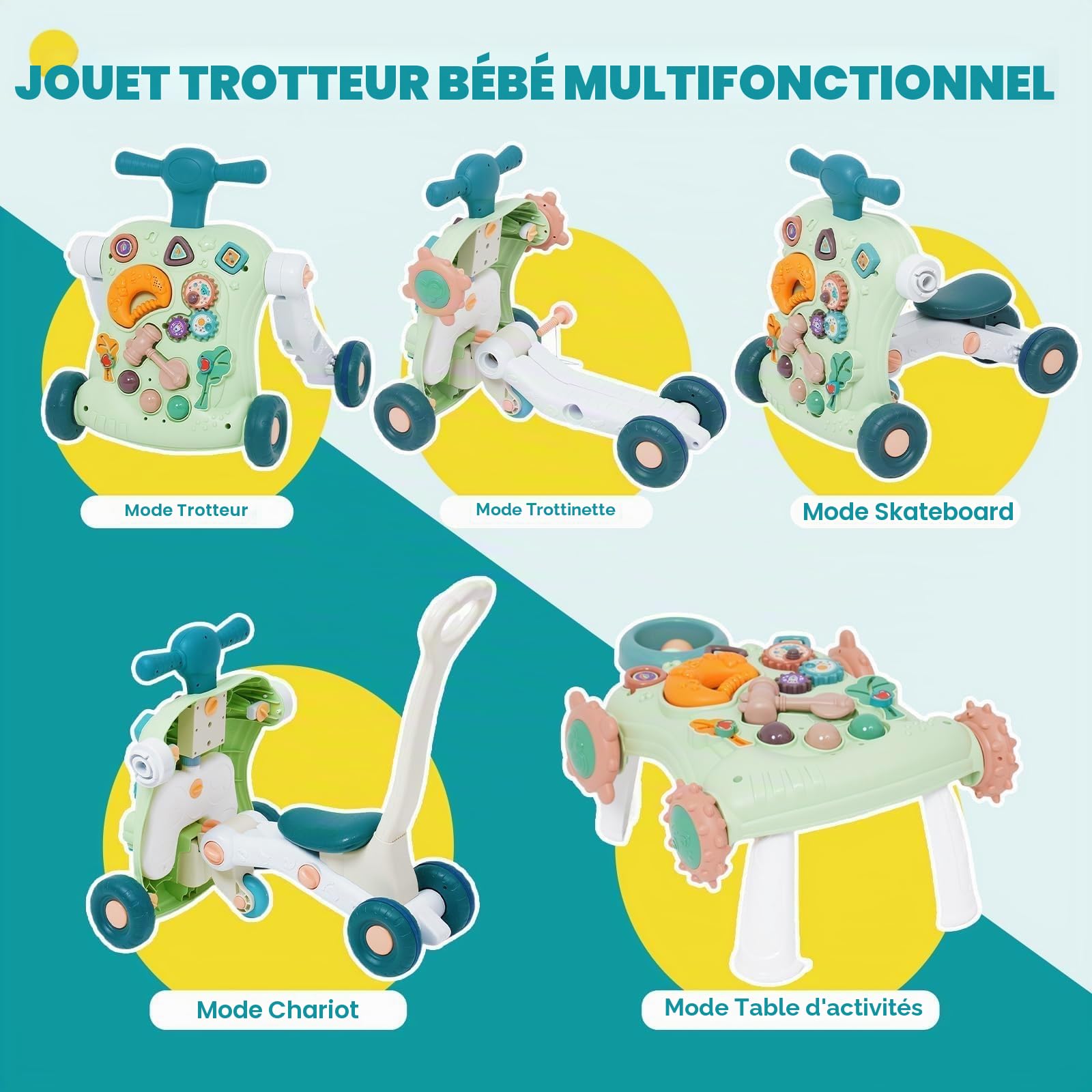 Trotteur Bébé 6 en 1 Évolutif Multifonctionnel,Chariot de Marche Pousseur avec Table d’Activité d’Éveil,Jouet Éducatif Musical pour Enfant Garçon Fille 6-18 Mois