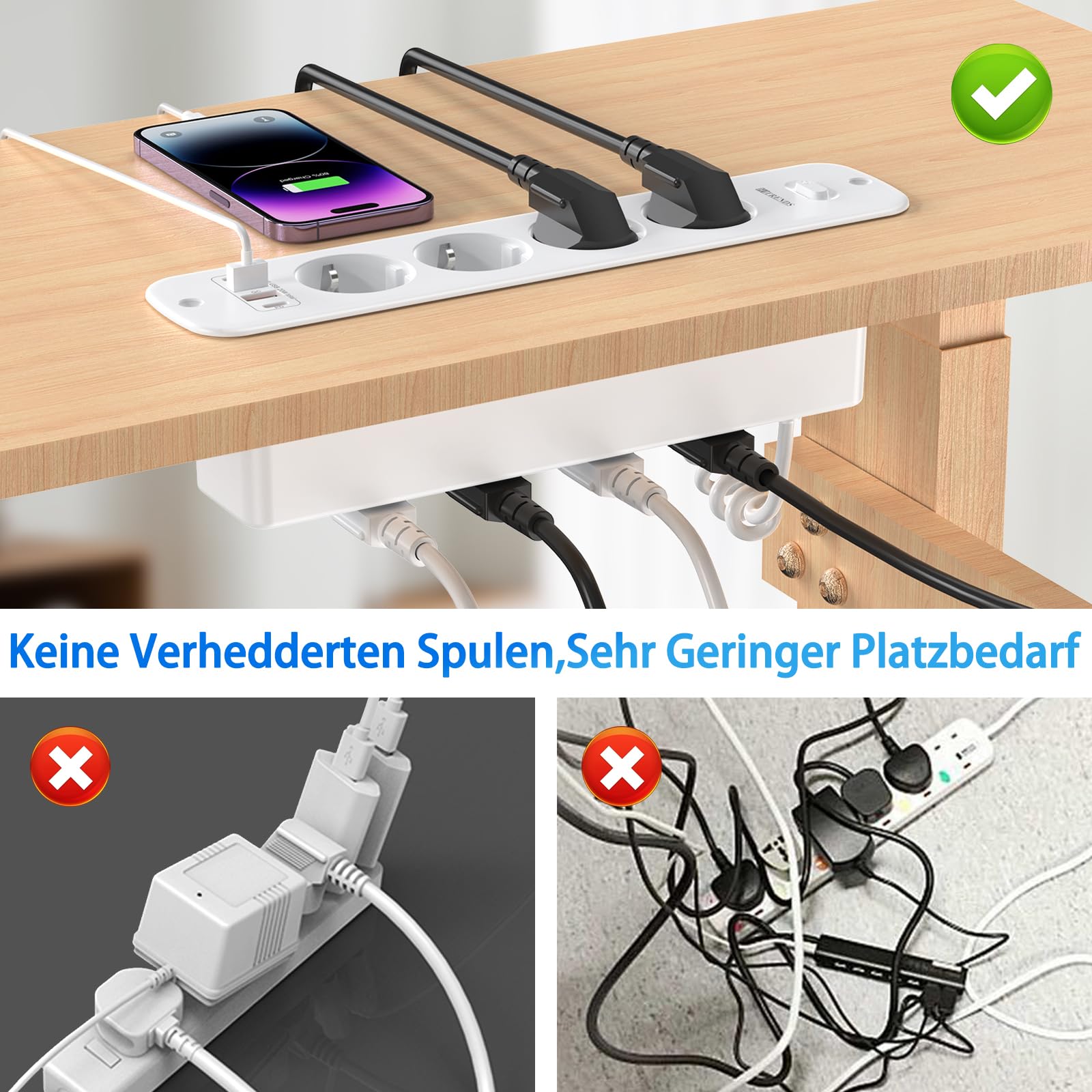 Blat wysuwane gniazdko z 2 USB A i 2 typy C, listwa zasilająca do zabudowy, listwa zasilająca 8 gniazd z kablem spiralnym 2 m, gniazdko stołowe z przełącznikiem do blatu stołu - białe