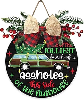 Deroro Christmas Green Car Front Door Sign, Xmas Tree Holiday Farmhouse Wood Door Hanger Outdoor Outside Porch Decor, Rustic Black Wooden Wreath with Plaid Bow Red Berry Indoor Wall Hanging Decoration