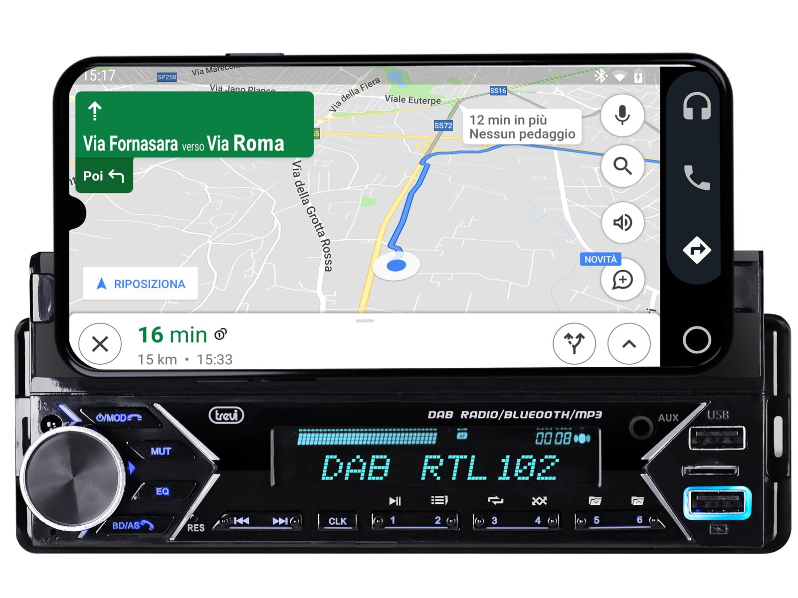Trevi SCD 5753 Dab Autoradio 160W Dab Dab+ FM, Entradas USB, Micro SD, AUX-​IN, Bluetooth, Antena Dab incluida, Panel Frontal Soporte Smartphone