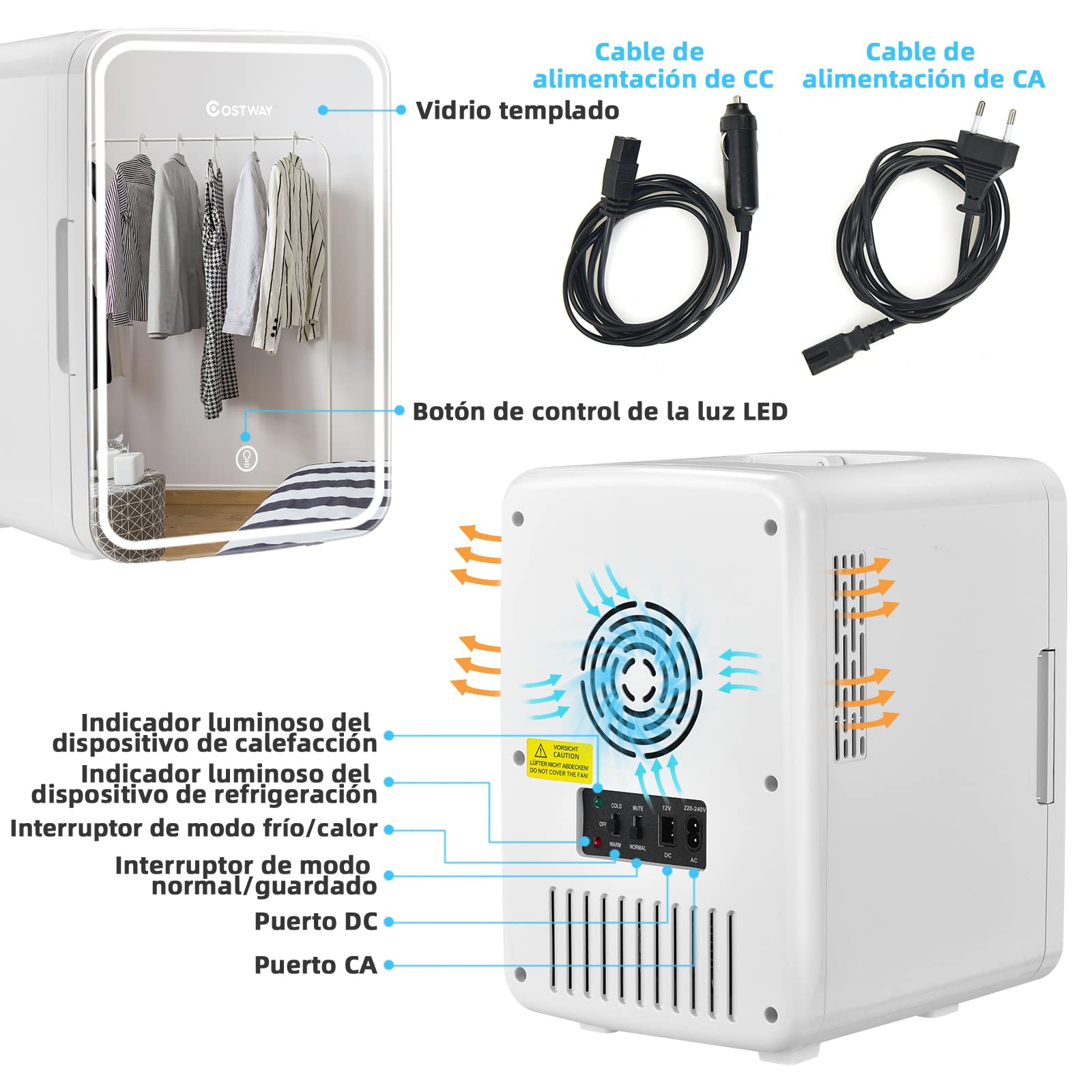 COSTWAY Mini Nevera, Nevera Portátil 10 L AC/DC con Espejo LED, Repisas Removibles para Maquillaje Bebidas, Frigorífico Compacto, Nevera Termostática y Calentamiento para Coche y Dormitorio