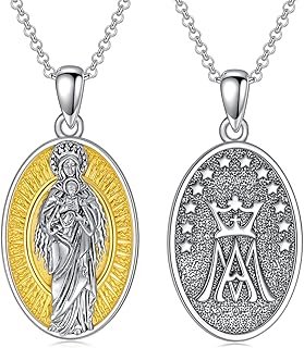 Virgin Mary Pendant Necklace for Women Men Sterling Silver Our Lady of Guadalupe Necklace Mother Mary Amulet Religious Jewelry Gifts, Sterling Silver, No Gemstone