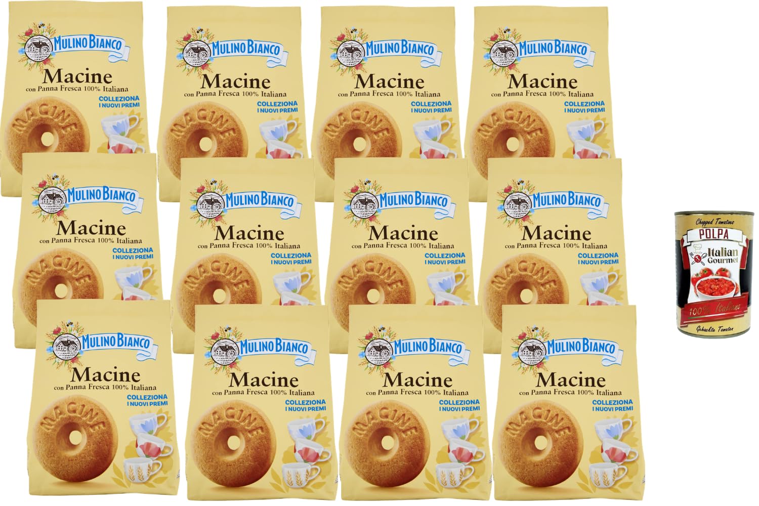 Italian Gourmet Bundle Macine Kekse 12x 800g Polpa Gratis – Italienische Frühstückskekse mit Sahne, runde Mürbekekse 9,6kg