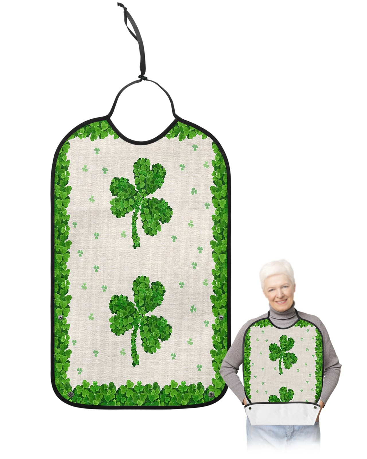 St. Patrick's Day Adult Bibs for Eating, Waterproof Bibs with Food Catcher & Adjustable Snap Closure, Green Lucky Clover Board Linen Texture Clothing Protectors Adult Bibs for Elderly Women/Men
