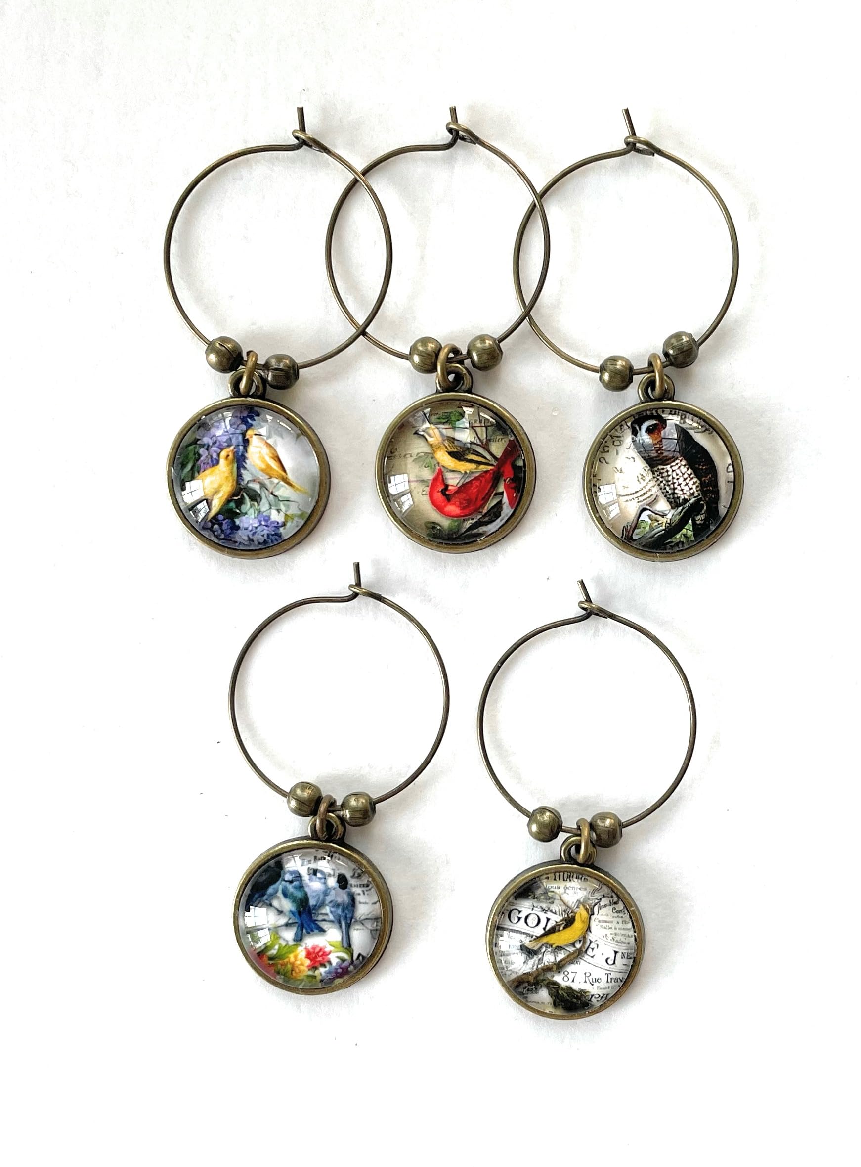 Bird Wine Glass Charms Set of 5 - Stem Markers for Beverages - Cardinal, Bluebird, Owl, Canary