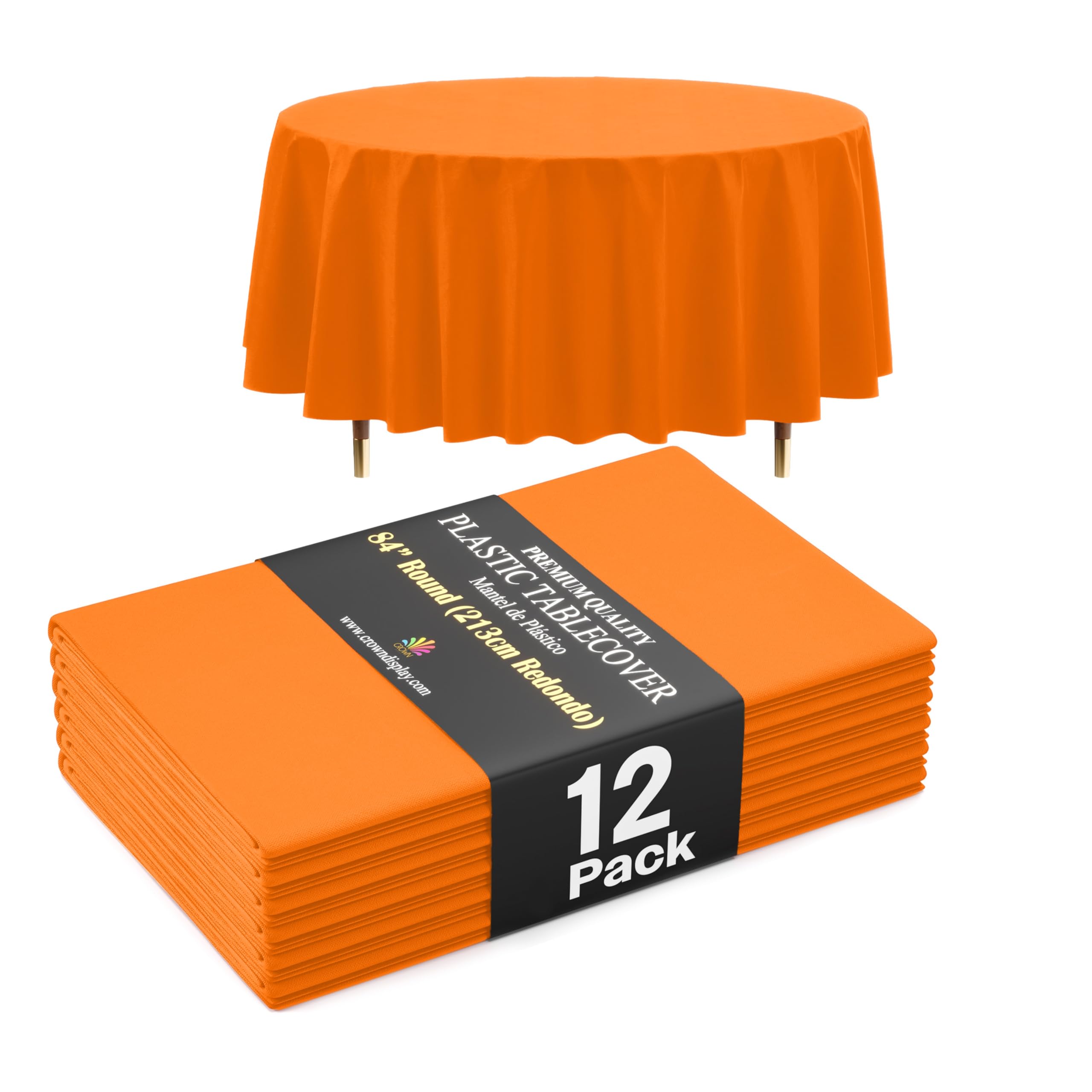 Exquisite 66% Thicker Premium Orange Round Tablecloth 0.5 Mil 12 Pack Plastic Table Cloth Disposable 84 Inch Round Plastic Tablecloth Won't Tear Easily Like Cheap Thin Brands