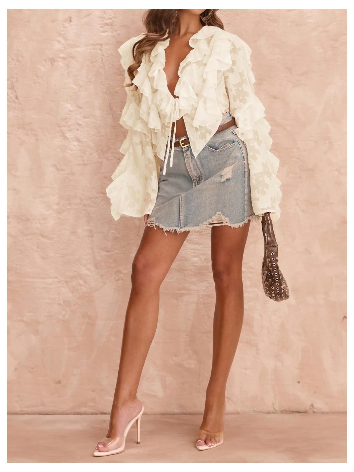 MakeMeChic Women's Tie V Neck Blouse Ruffle Trim Bell Sleeve Elegant Going Out Crop Tops Fall Clothes