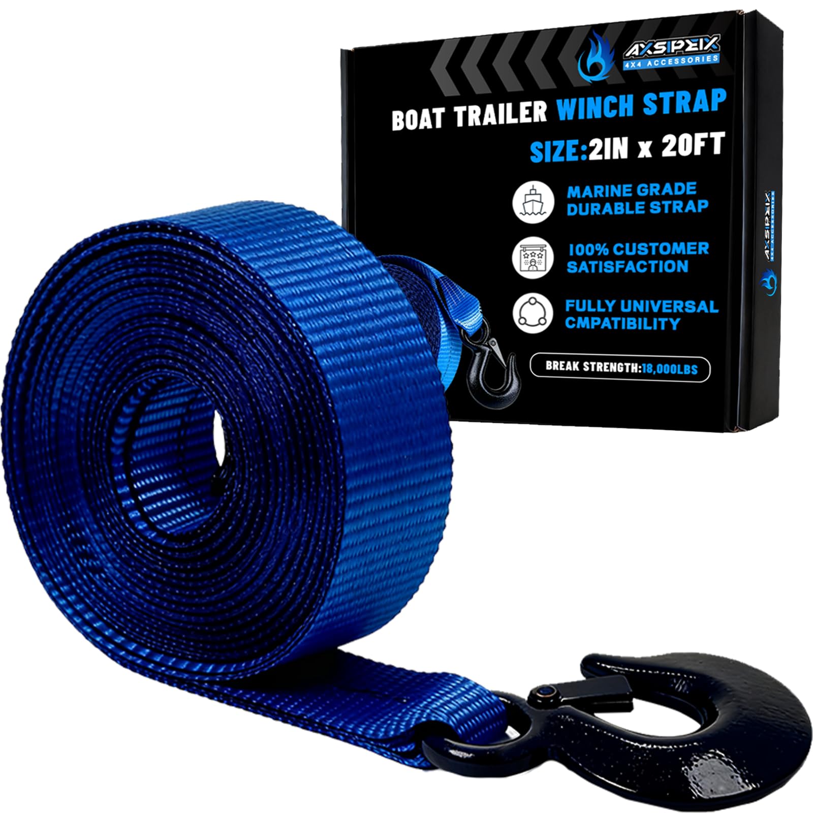 Boat Winch Strap with Hook (2" x 20ft) - 18,000lb Break Strength, Heavy Duty Replacement Trailer Winch Strap with Safety Hook - Fits Pontoon, Fishing Boat, Powerboat & Jet Ski Trailers.
