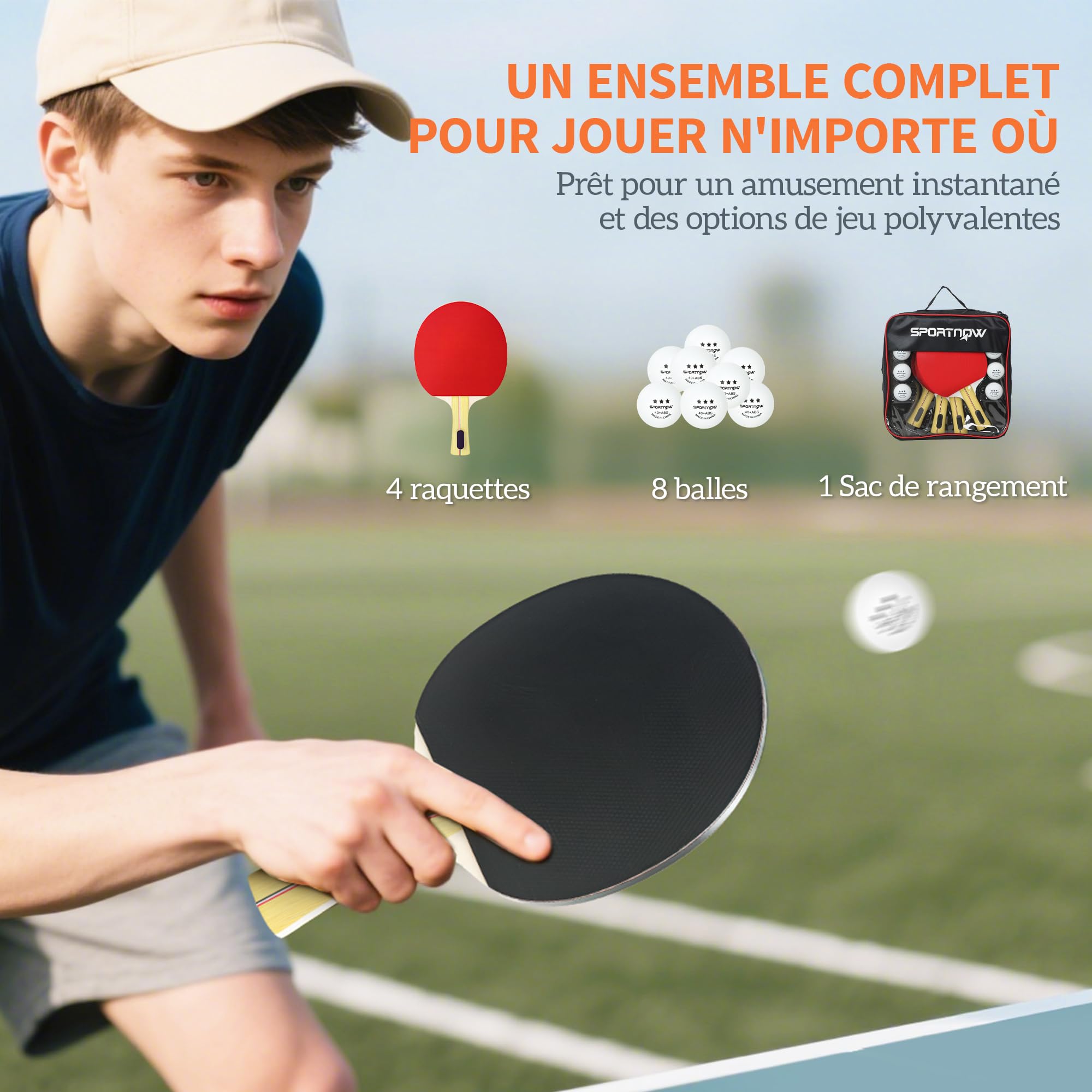 SPORTNOW Lot de Raquettes de ping-Pong, Tennis de Table 4 Raquettes + 8 balles + 1 Sac, pour Amateurs, débutants, Experts