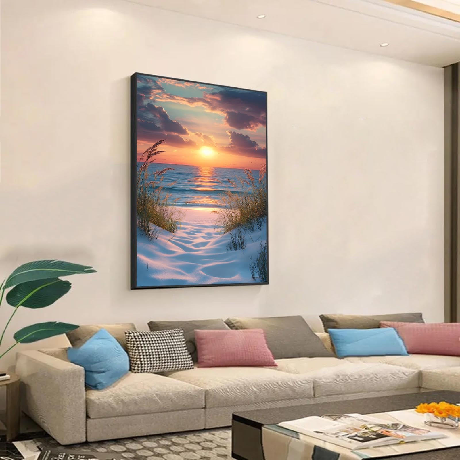 Via Vela Strand Sonnenuntergang Leinwand Wandkunst Küste Weg Bilder Kunstwerk Drucke Entspannen Meer Poster Malerei für Wohnzimmer Schlafzimmer Wohnkultur 80x120cm mit schwarzem Rahmen