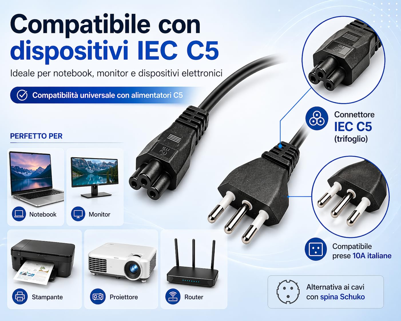 Cavo Alimentazione Notebook 1,8m IEC C5 Trifoglio – Spina Italiana 3 Poli 10A 250V IMQ | Cavo Alimentatore PC Portatile, Monitor, Stampante