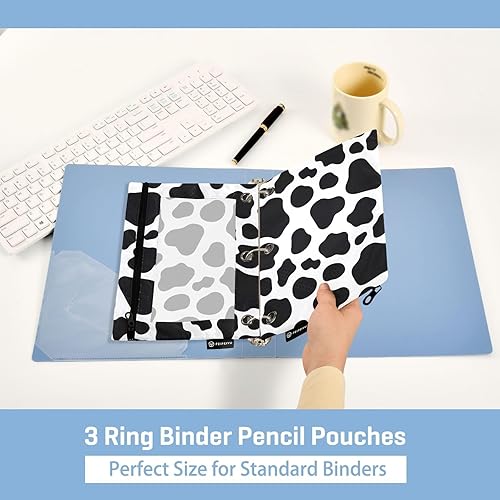 Miniatura 5 de Bolsas para lápices con estampado de vaca para carpeta de 3 anillas, bolsas con cremallera y ojales, estuche para lápices con ventana transparente,