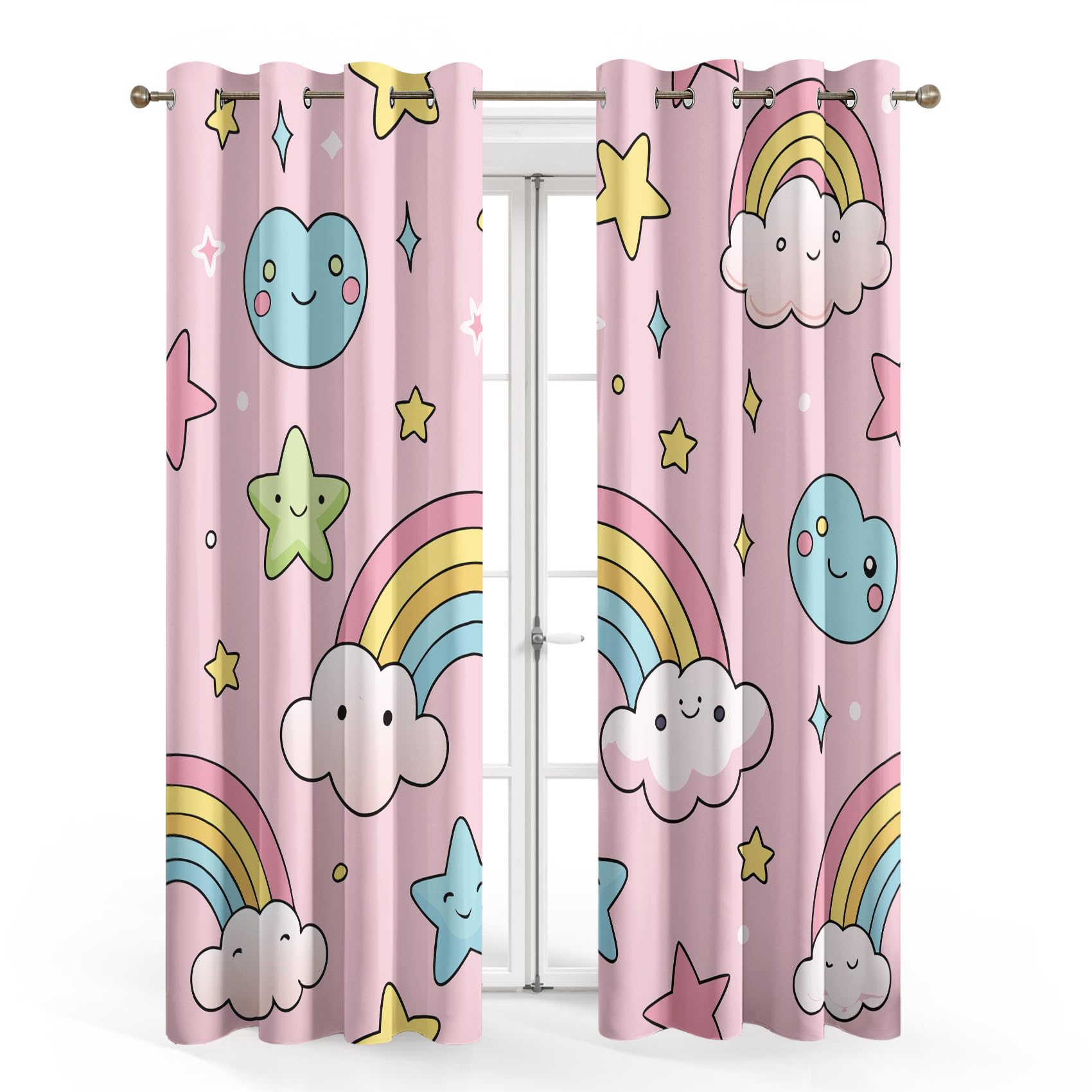 Rideau Occultant Arc-en-Ciel Rose Nuageux, Étoile Motif Rideaux Thermiques à Oeillets, Rideaux Imprimé pour Salon Chambre Fenetre Moderne Décoration, 140x200 cm (L x H), Lot de 2