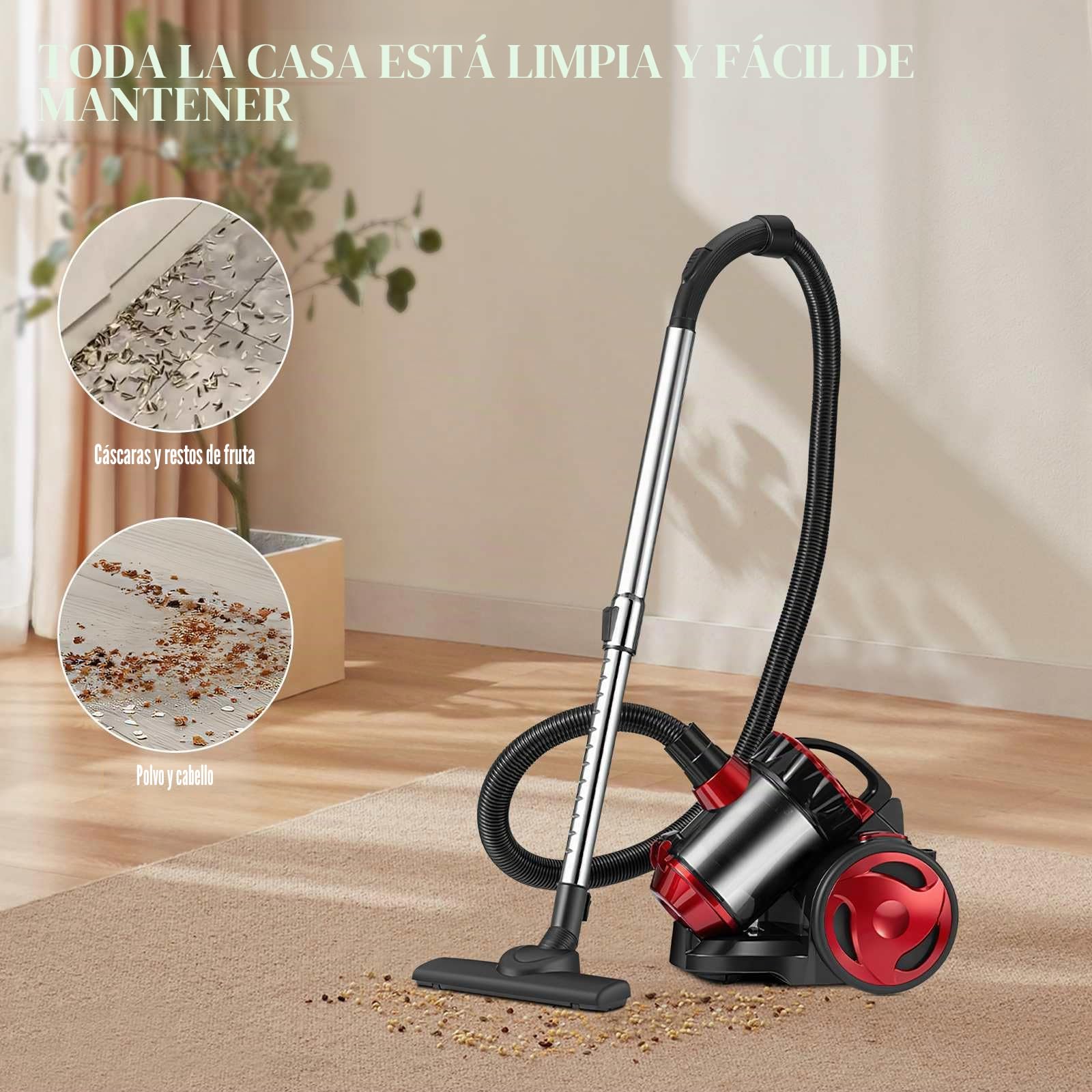 Aspirador sin bolsa, 2000 W, aspirador compacto silencioso, capacidad 1,5 L, con sistema de filtración HEPA, potente aspirador para suelos, alfombras, sofás y coche