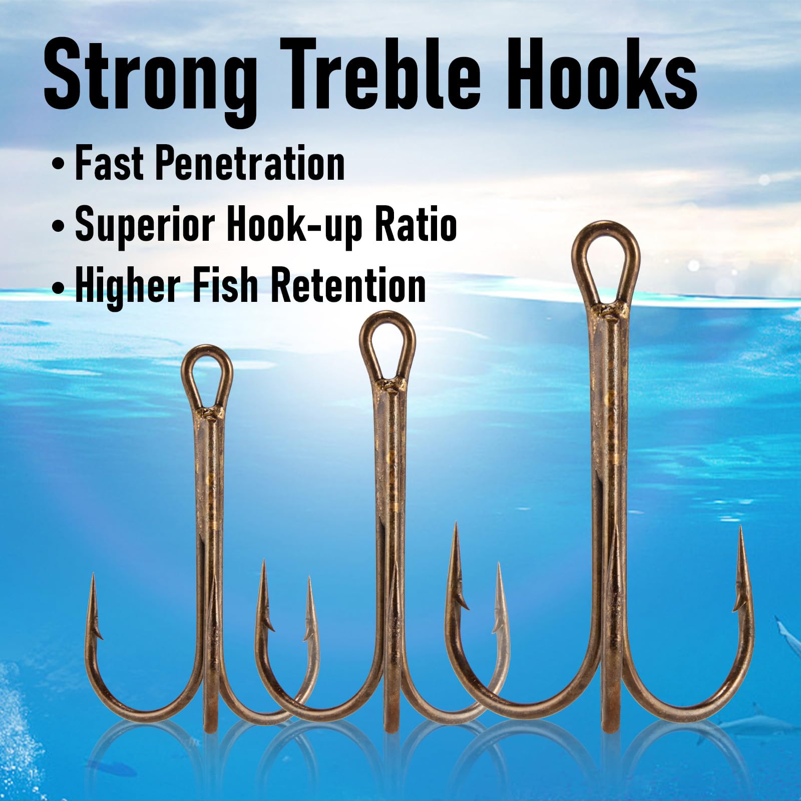 Dr.Fish Lot de 30 hameçons triples en bronze pour pêche au surf, au poisson-chat, bar, thon, saumon, doré jaune, hameçon de rechange pour pêche en eau douce et eau salée #8/0