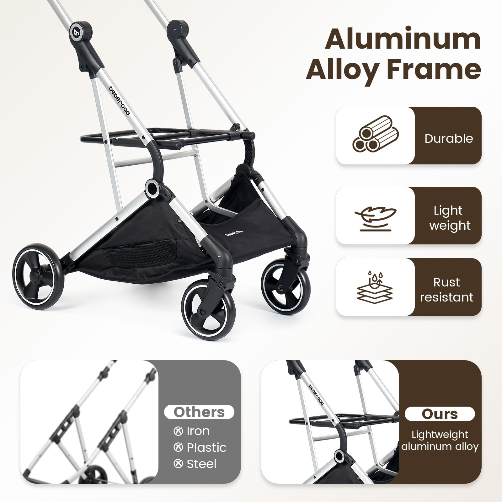 Beberoad Pets T3 PRO Haustier-Kinderwagen für kleine und mittelgroße Hunde und Katzen, 4 Räder, Reise-Klapptrage, wasserdicht, Welpenwagen mit Pad, Baldachin und Getränkehalter, Beige