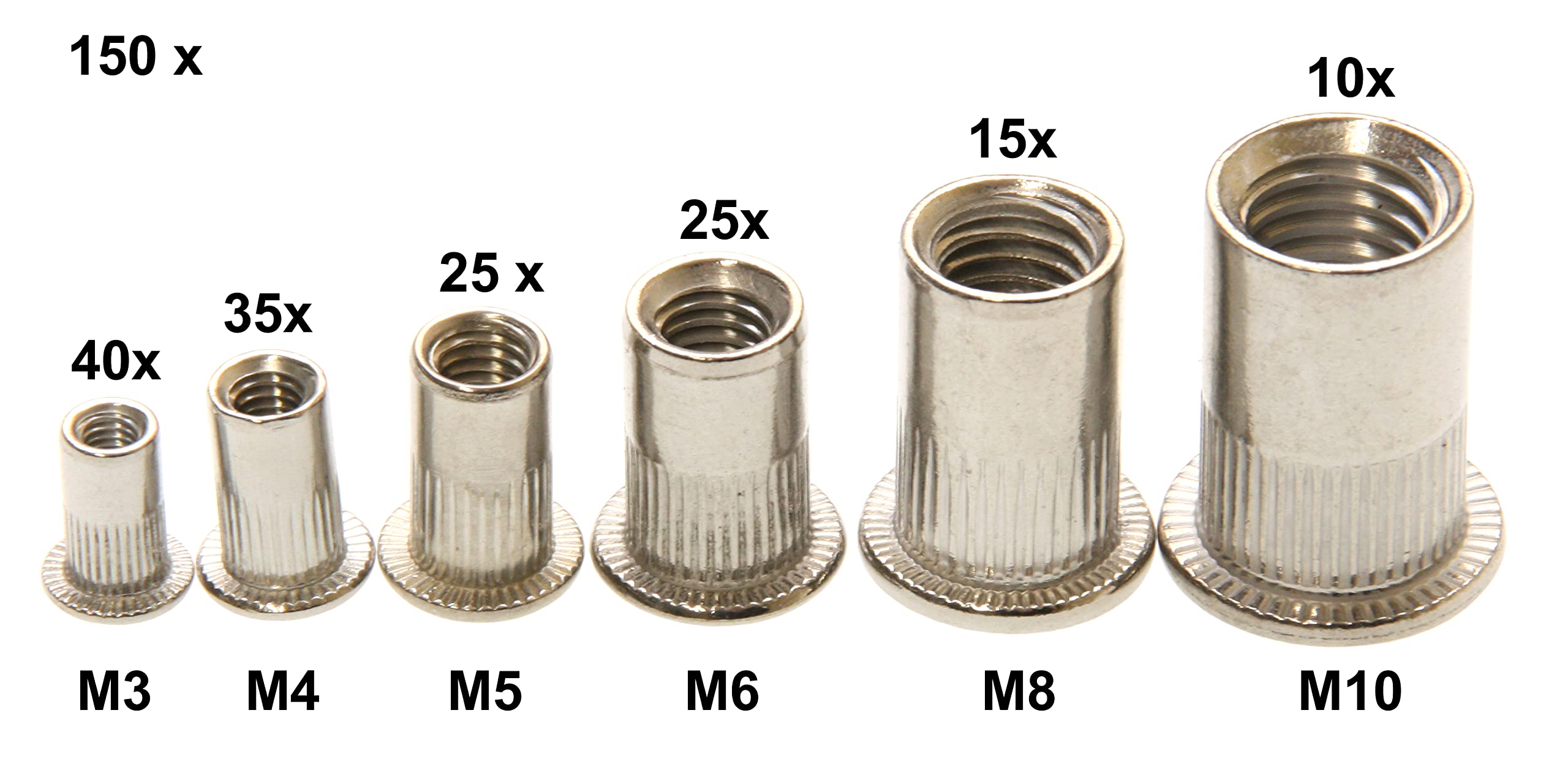 Surtido de tuercas de remaches ciegos de acero inoxidable/cabeza plana, insertos de rosca M3, M4, M5, M6, M8 y M10, 150 piezas