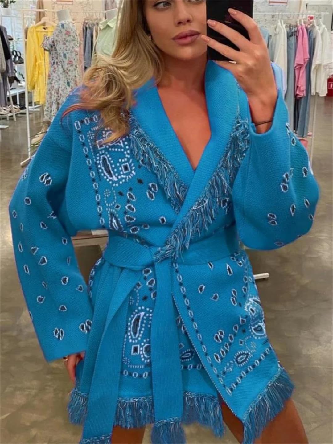 Women Tassel Patchwork Printed Cardigan Geometric Patterns Belts V-Neck Long Sleeve Knitted Sweater Coat