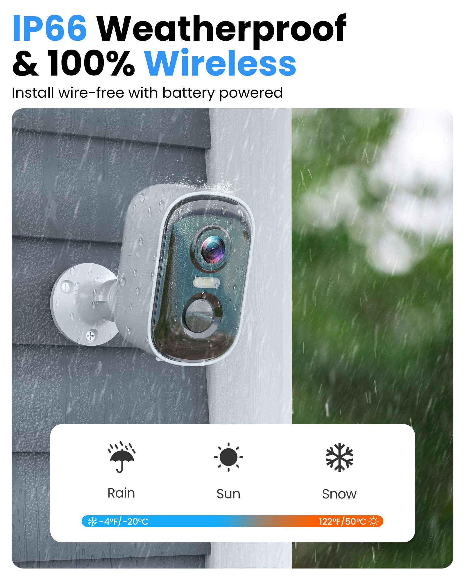 Telecamere di sicurezza wireless per esterni, telecamere WiFi alimentate a batteria 2K per la sicurezza domestica con rilevamento del movimento AI, visione notturna a colori, allarme sirena