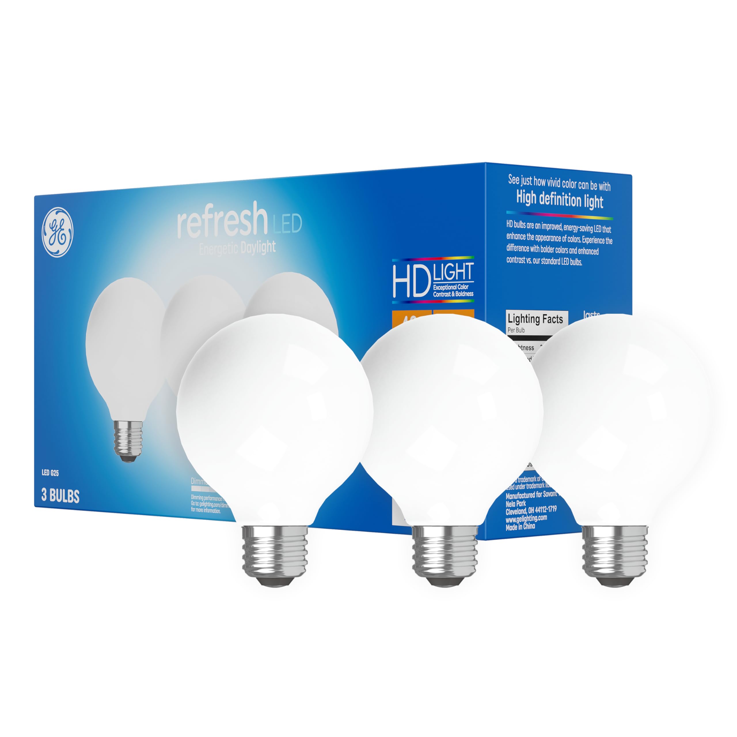 ge refresh led light bulbs, 40 watt, daylight, g25 globe bulbs, frosted, medium base (3 pack)