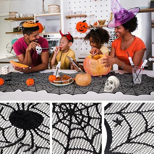 Miniatura 3 de Camino de mesa de Halloween, tela de araña de encaje negro, para decoración de Halloween, fiesta, decoración de mesa de comedor, 18 x 72 pulgadas