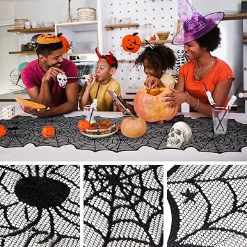 Halloween Table Runner, Black Lace Spider Web Table Runners, 18 x 72Inch