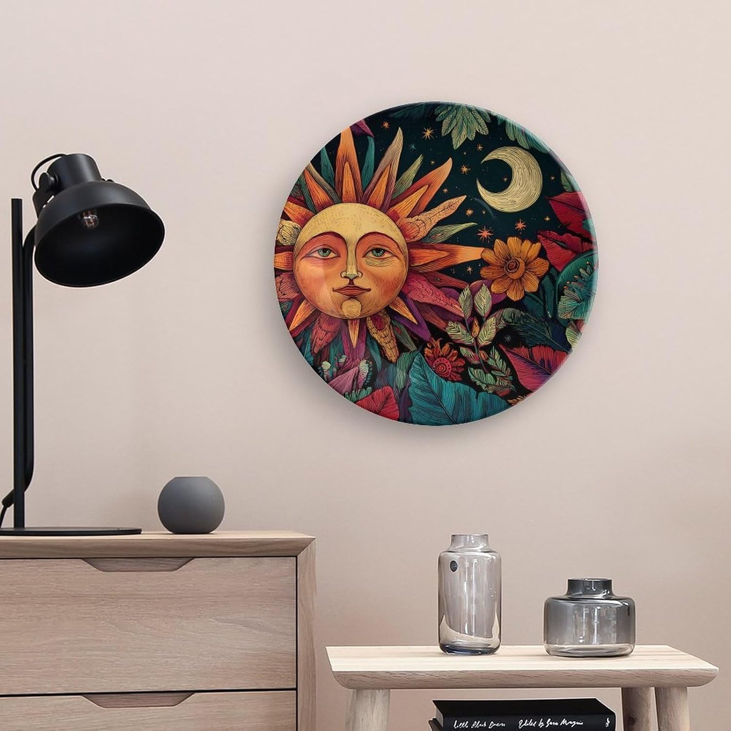 Sun And Moon Accompanying Decorative Plates for Display Ceramic Plate Tray with Stand Hanger Home Decor