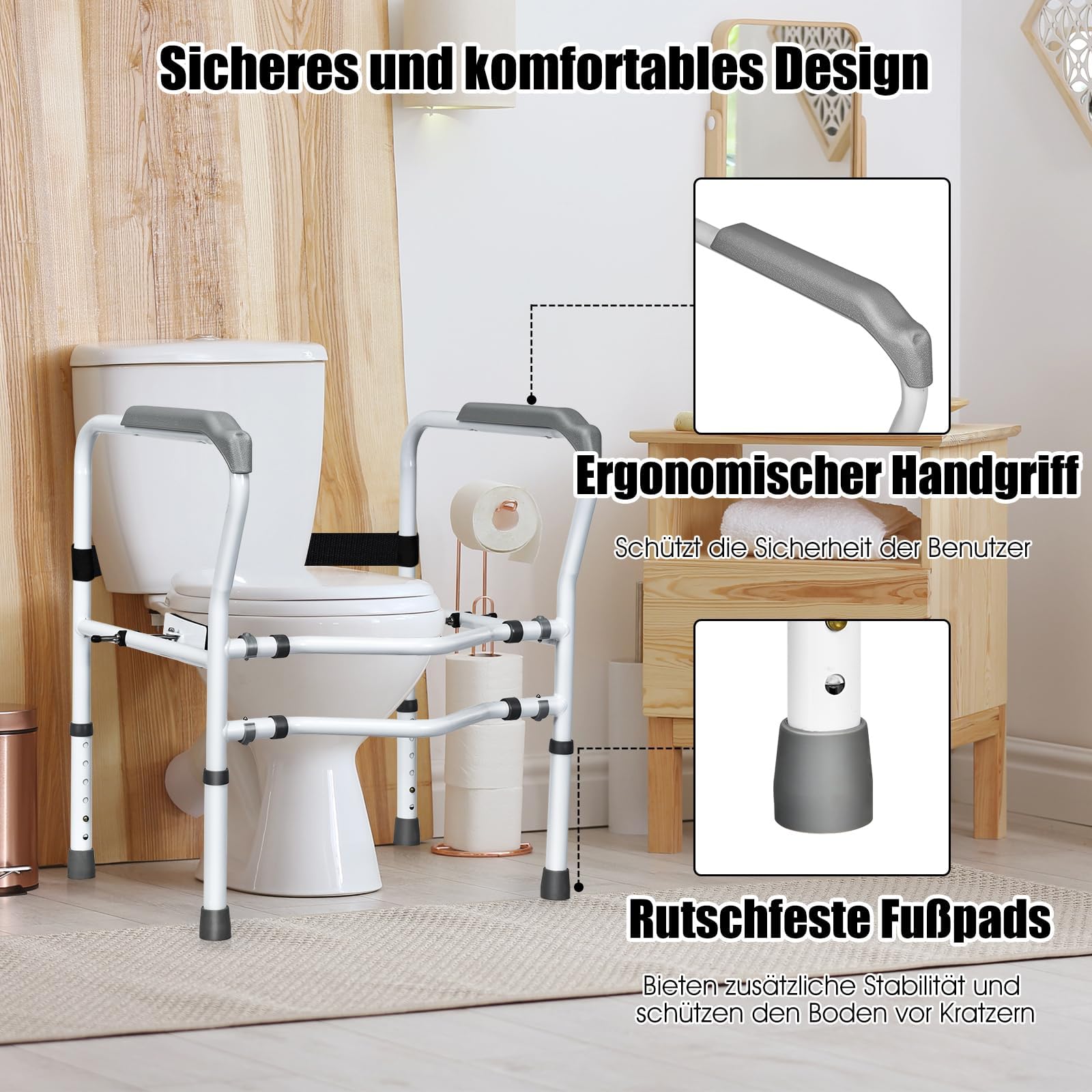 FANTASK Supporto per WC regolabile in altezza, con braccioli senza fori, 48 x 65 x 84 cm
