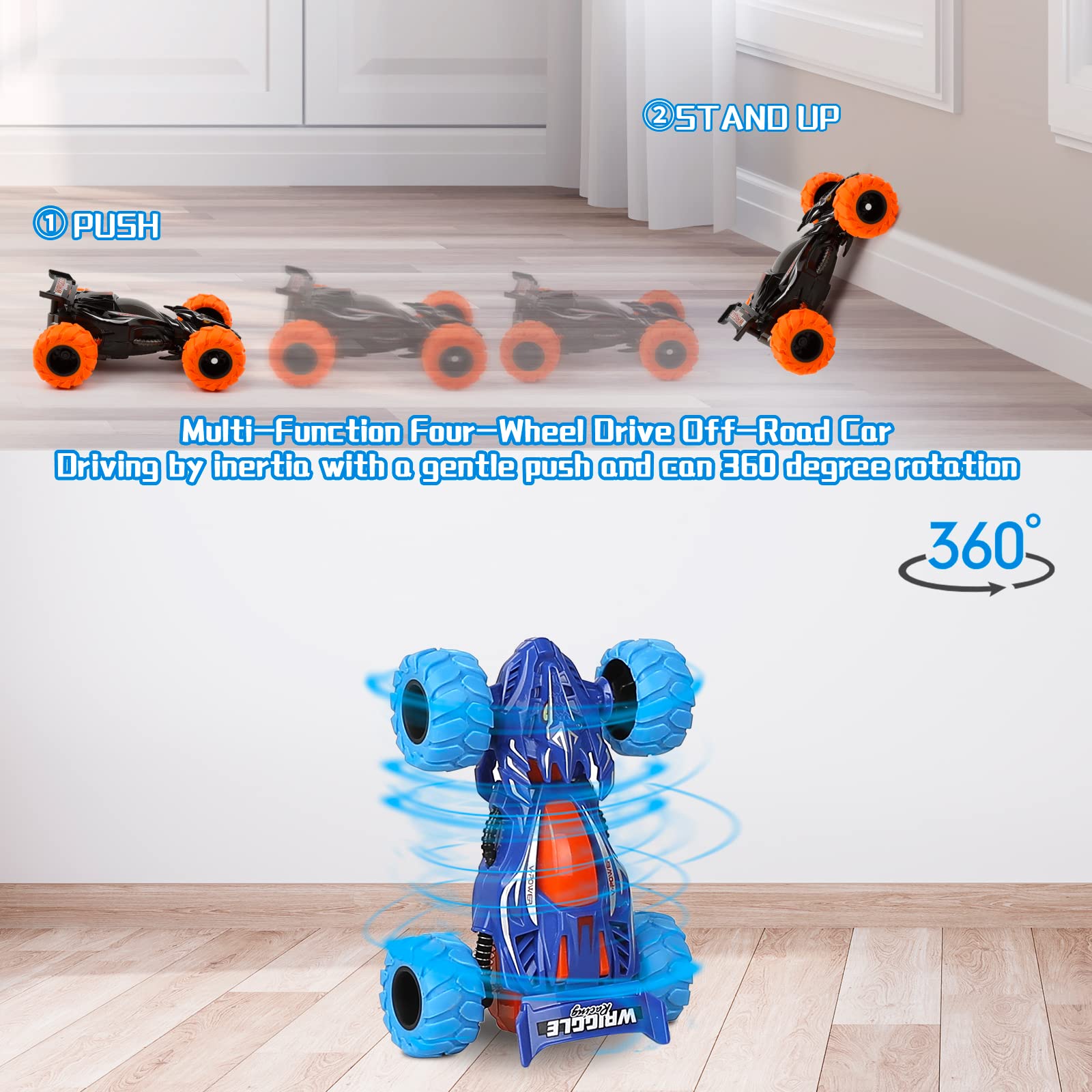 m zimoon Monster Truck Giocattoli, 2pezzi Tirare indietro Auto Inertia Auto 360 ° Girevole Stunt Dragon Veicoli Spingi e Vai Regali di Compleanno di Natale per 3-7 anni Ragazzi Ragazze (Blu, Nero)