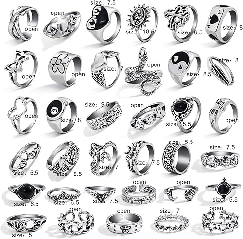 Miniatura 6 de 17IF Vintage Silver Goth Grunge Ring Set for Women Men Girl Chunky Gothic Cool Punk Stackable Adjustable Open Knuckle Finger Rings Bulk Stacking