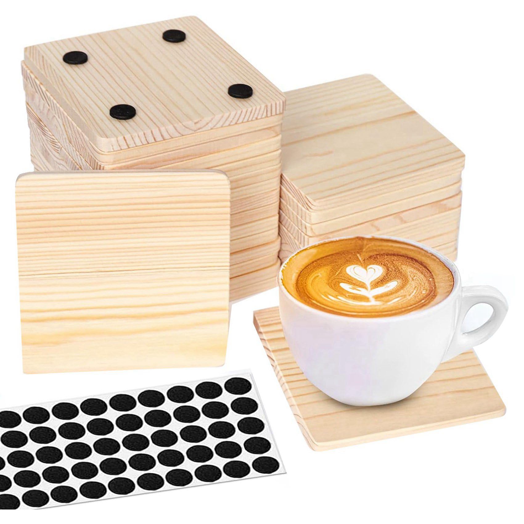 Paquet de 50 sous-Verres en Bois Brut, sous-Verres en Bois Vierges de 4 Pouces, sous-Verres Artisanaux avec Points CarréS en Silicone AntidéRapants