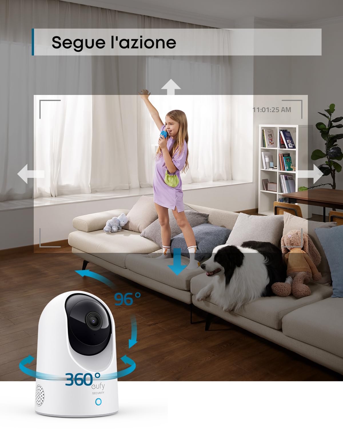 eufy Security IndoorCam E220 telecamera wifi interno, 2K Pan & Tilt, Videosorveglianza con AI per Riconoscimento Persone/Animali, Assistenza Vocale, Visione Notturna, MicroSD non Inclusa
