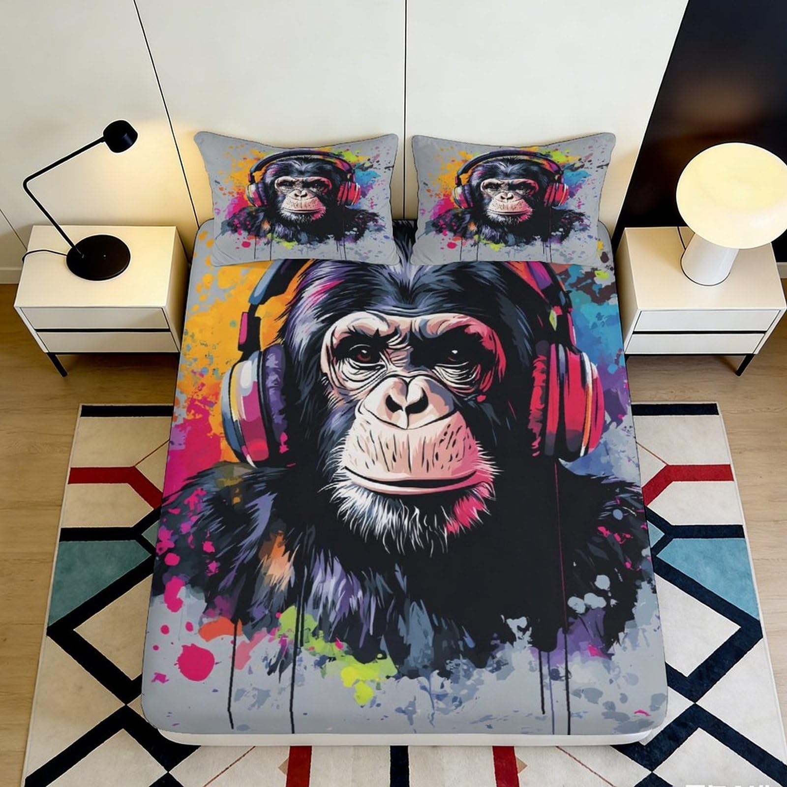 3D Printed Graffiti Chimpanzee Fitted Sheet Microfiber Soft Colourful Headphones Bed Cover Bedroom Dorm Decor 90x200x25cm