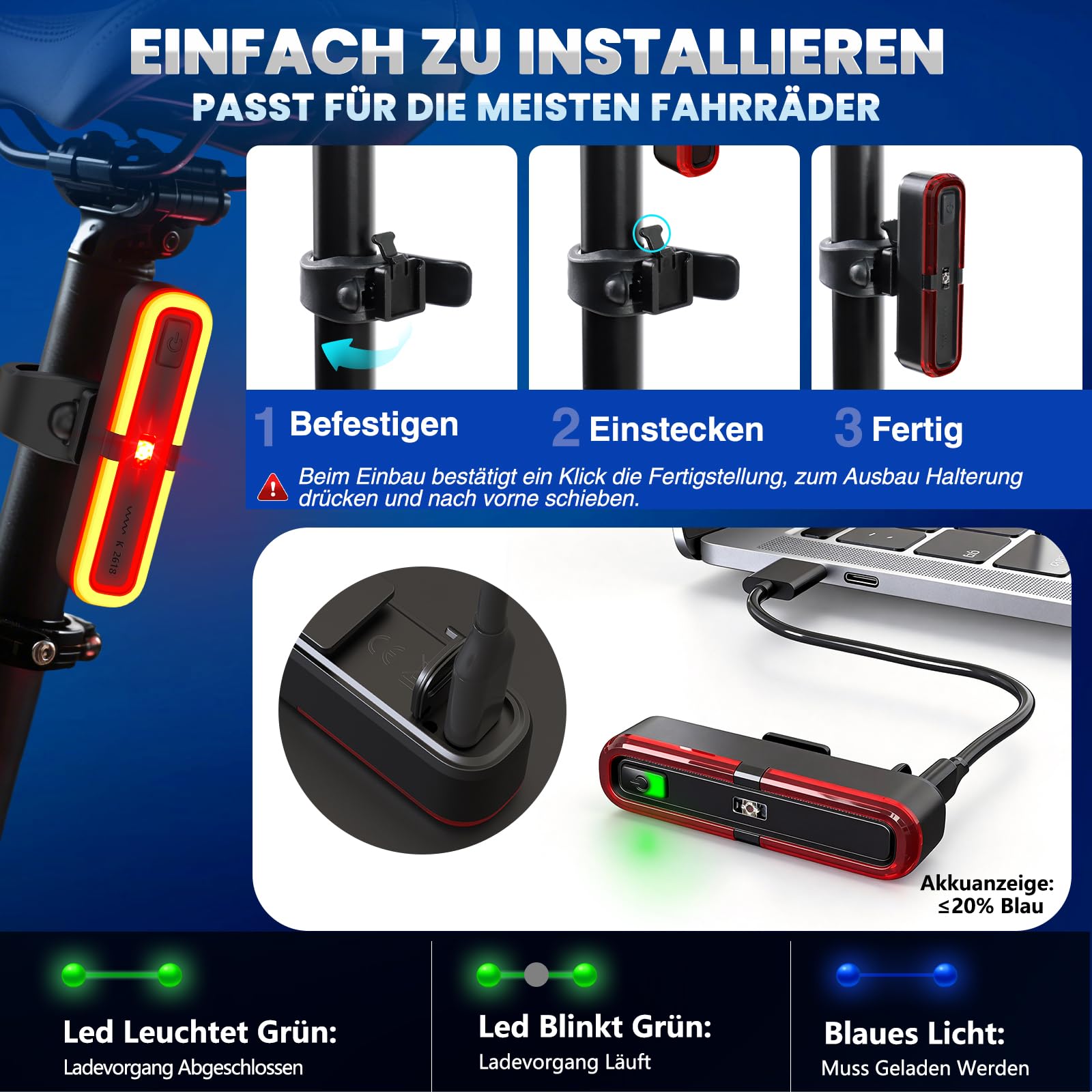 Kit d'éclairage LED rechargeable pour vélo conforme à la norme STVZO avec support GoPro