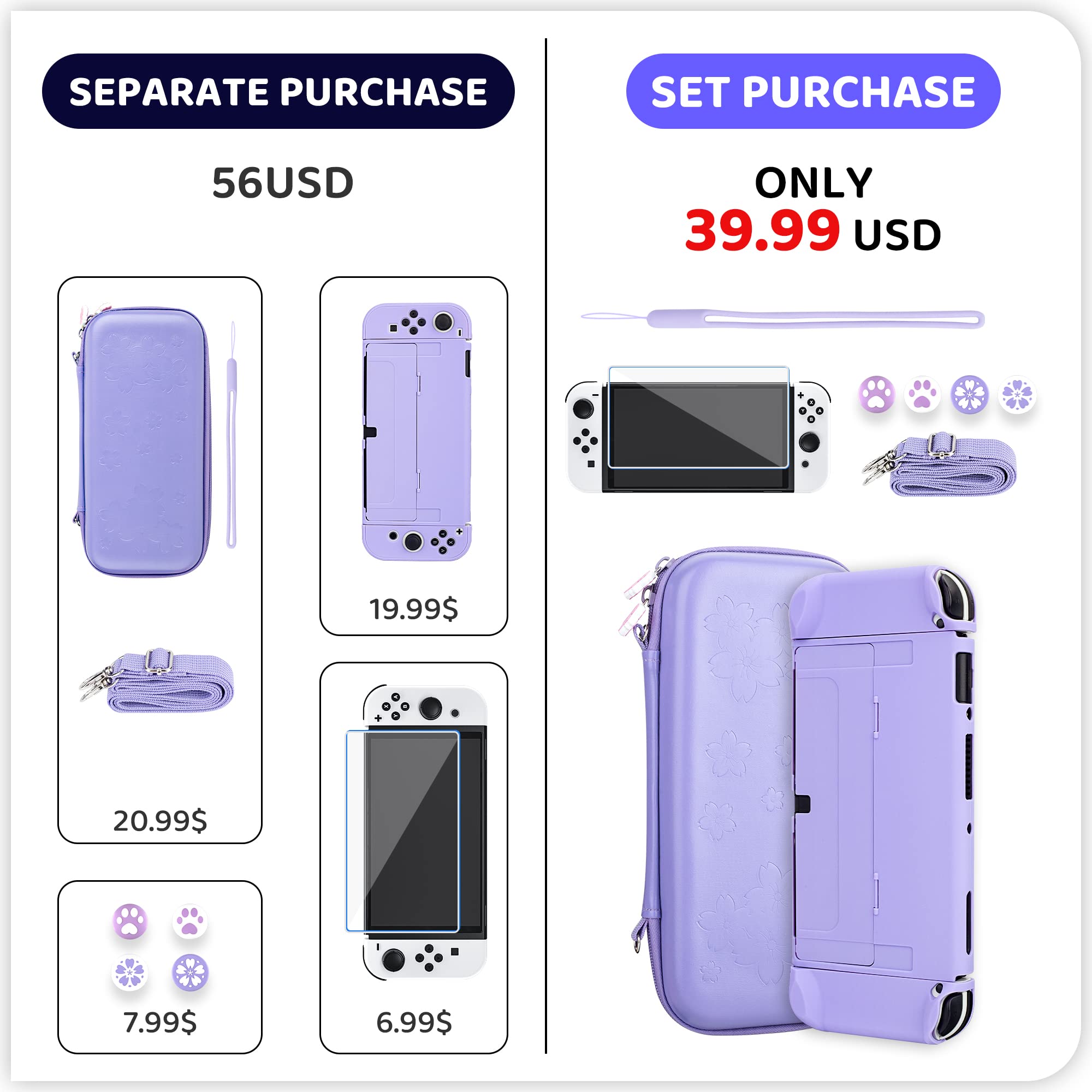 RHOTALL Sakura - Set di custodie per Nintendo Switch OLED, con custodia rigida, protezione schermo, 4 tappi per pollice, fascia da polso e tracolla (viola)