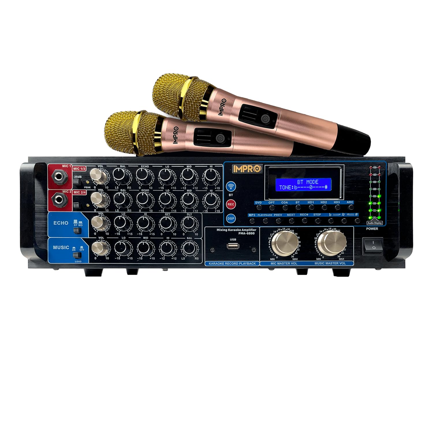 ImPro PMA-6800 800W Mixing Amplifier Bundle with ImPro UHF-88MXR Wireless Microphones (Rose Gold)