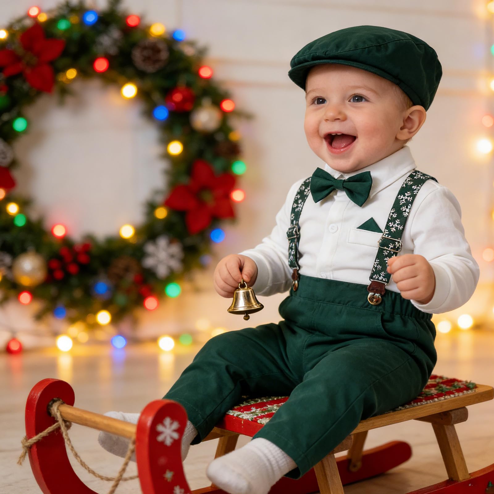 Weihnachtsanzug für Jungen mit Fliege, Hosenträger & Flachmütze - Festlicher Strampler im Gentleman-Look für Babys