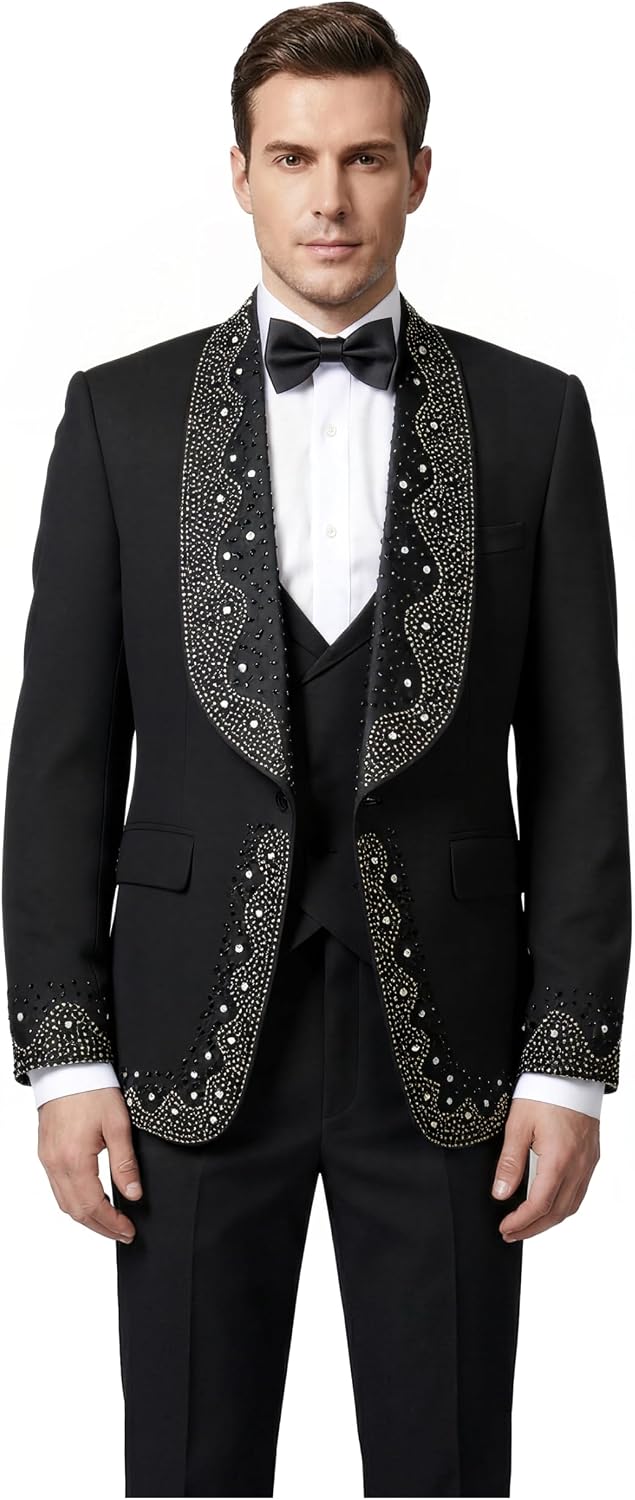 Mens 3 Pieces Tuxedo Hotfix Rhinestones Embellished Slim Fit Suit Blazer Vest Pants Shawl Lapel Prom Banquet Wedding