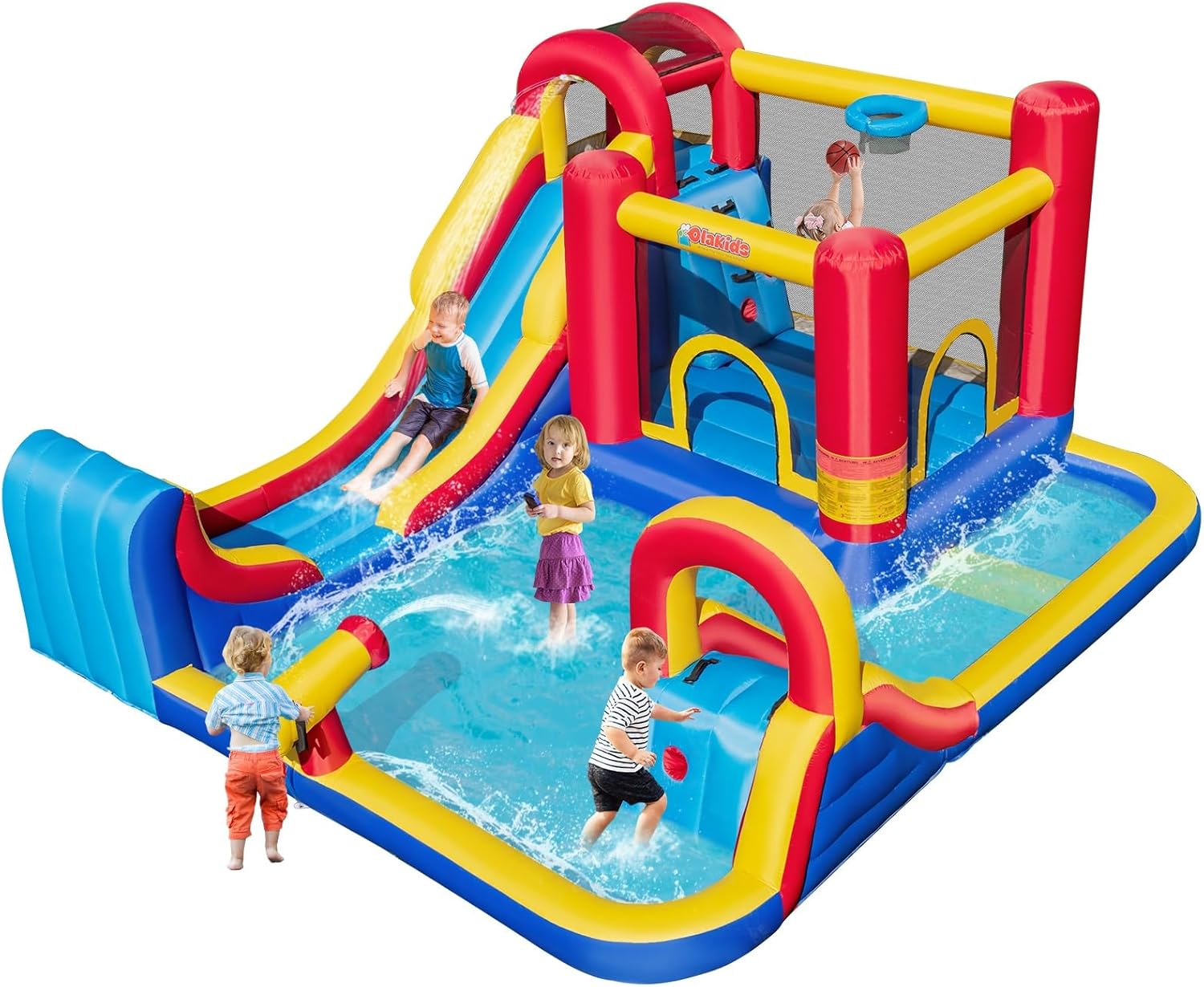 OLAKIDS Inflatable Water Slide, 8 in 1 Bounce House Water Park with 2 Slides Splash Pools, Water Gun Basketball Rim, Outdoor Inflatable Obstacle Course for Kids Backyard (Without Blower) - Image 1 of 9