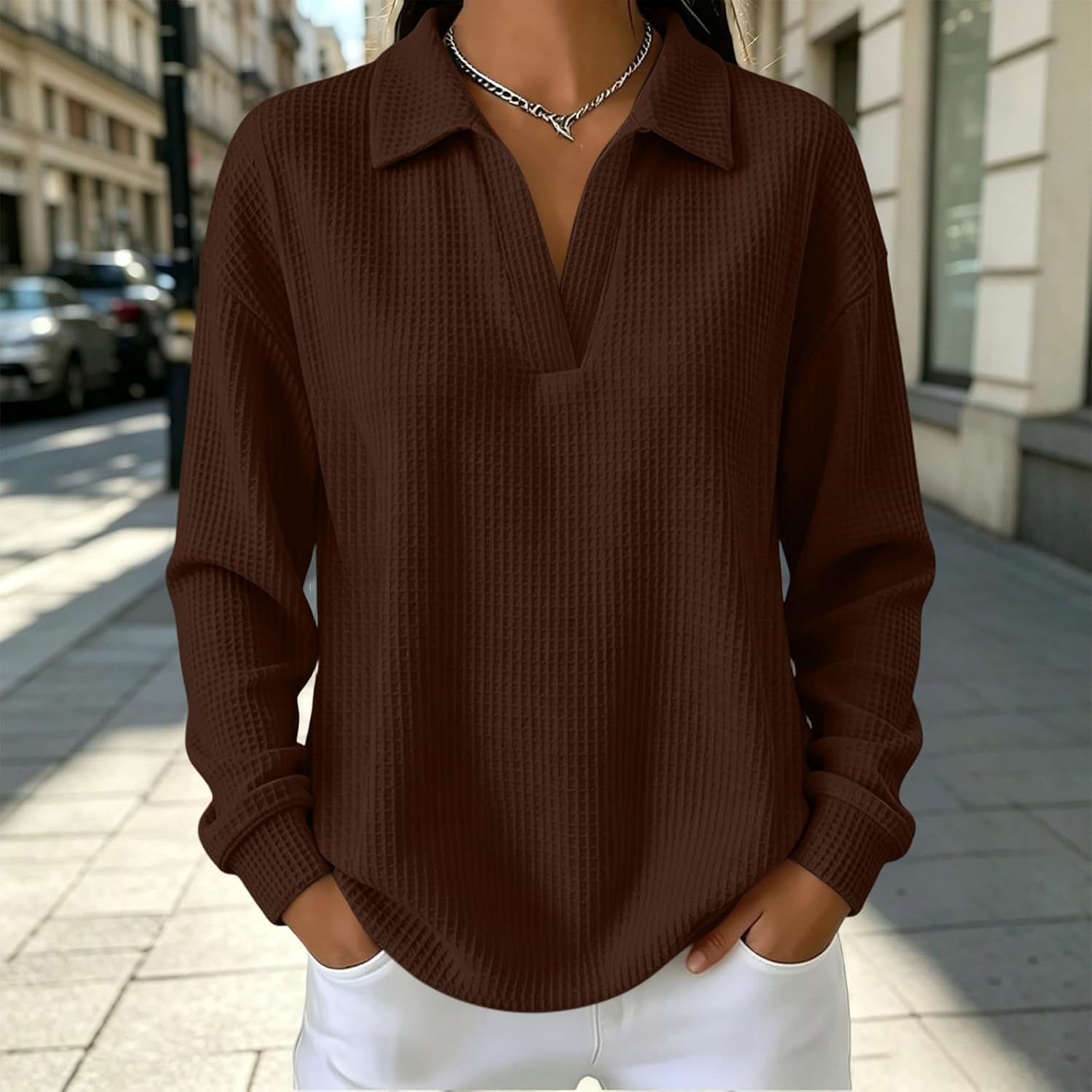 Long Sleeve Shirts for Women Waffle Knit V Neck Fall Tops