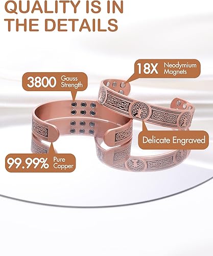 Miniatura 7 de Feraco Pulseras magnéticas de cobre para hombres con imanes curativos, patrón de árbol de la vida, brazalete de terapia de cobre sólido puro 99.99%,