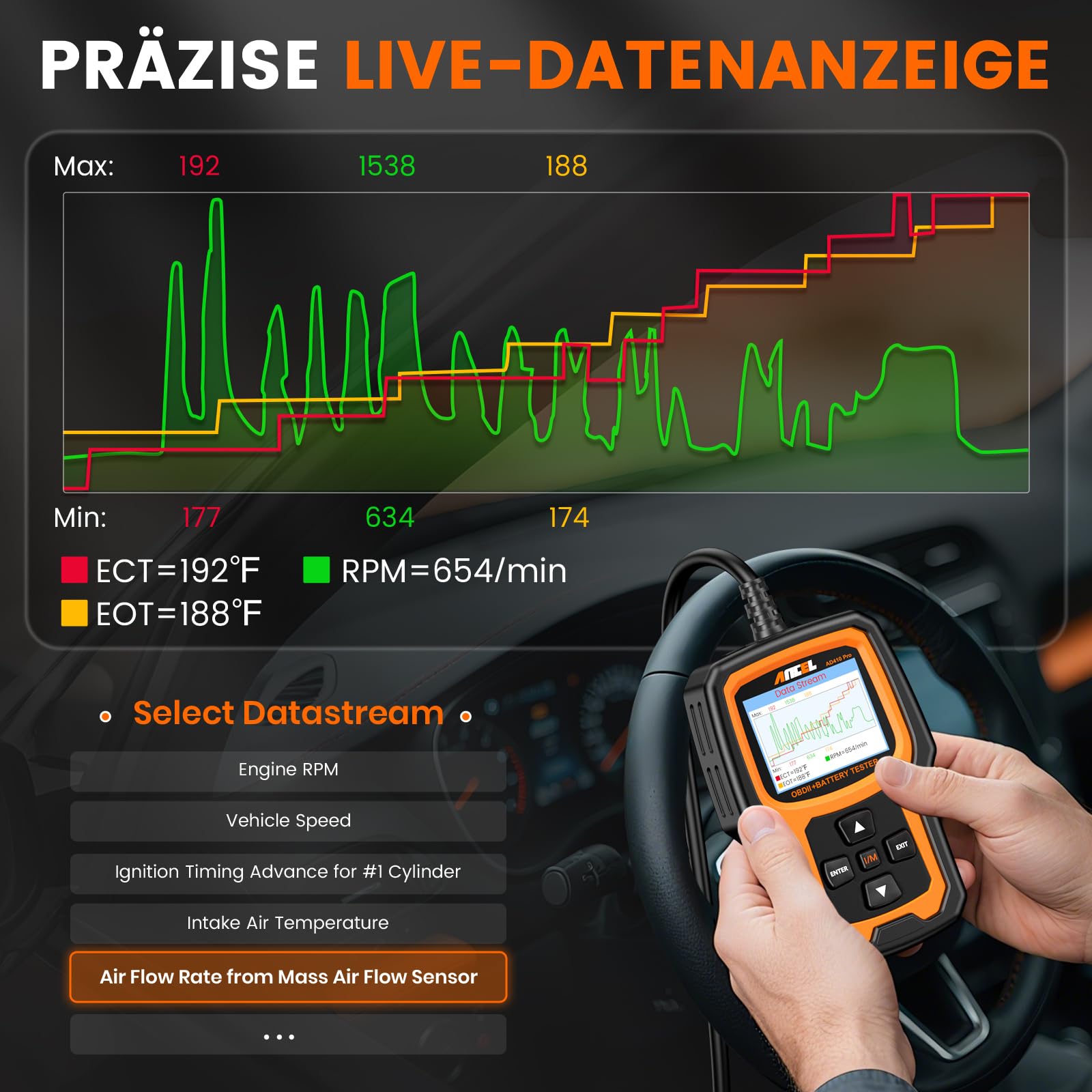 2in1 Auto Diagnosegerät KFZ Batterietester Universal Fehlercode Lesegerät | ANCEL AD410PRO mit Vollen OBD2 Funktionen, 6V 12V 100-2000CCA Autobatterie Tester mit Batterie- Anlasser- und Ladetest