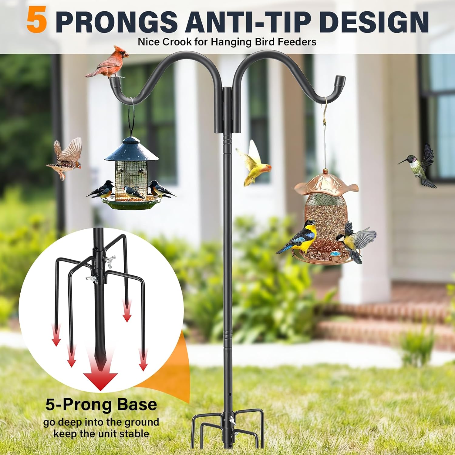 94 Inch Adjustable Bird Feeder Pole, Heavy Duty Double Shepherds Hook for Outdoor with 5 Prongs Base, Stable Stand for Hanging Bird Feeder, Bird House, Wind Chime, Hummingbird Feeder & Light Plant
